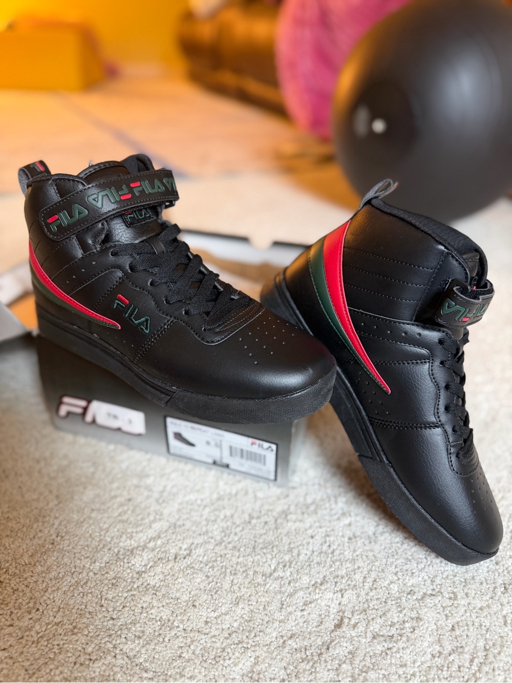 New FILA Men's Black High-Top Sneakers with Red & Green Accents 8.5